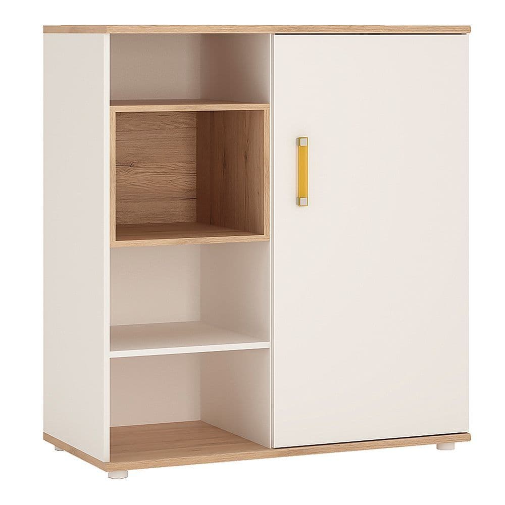 Kinder Low Cabinet with shelves (Sliding Door) in Light Oak and white High Gloss (orange handles)